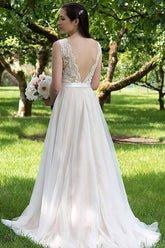 A-line V-neck Lace Top Tulle Skirt Beach Wedding Dresses, Wedding Gown